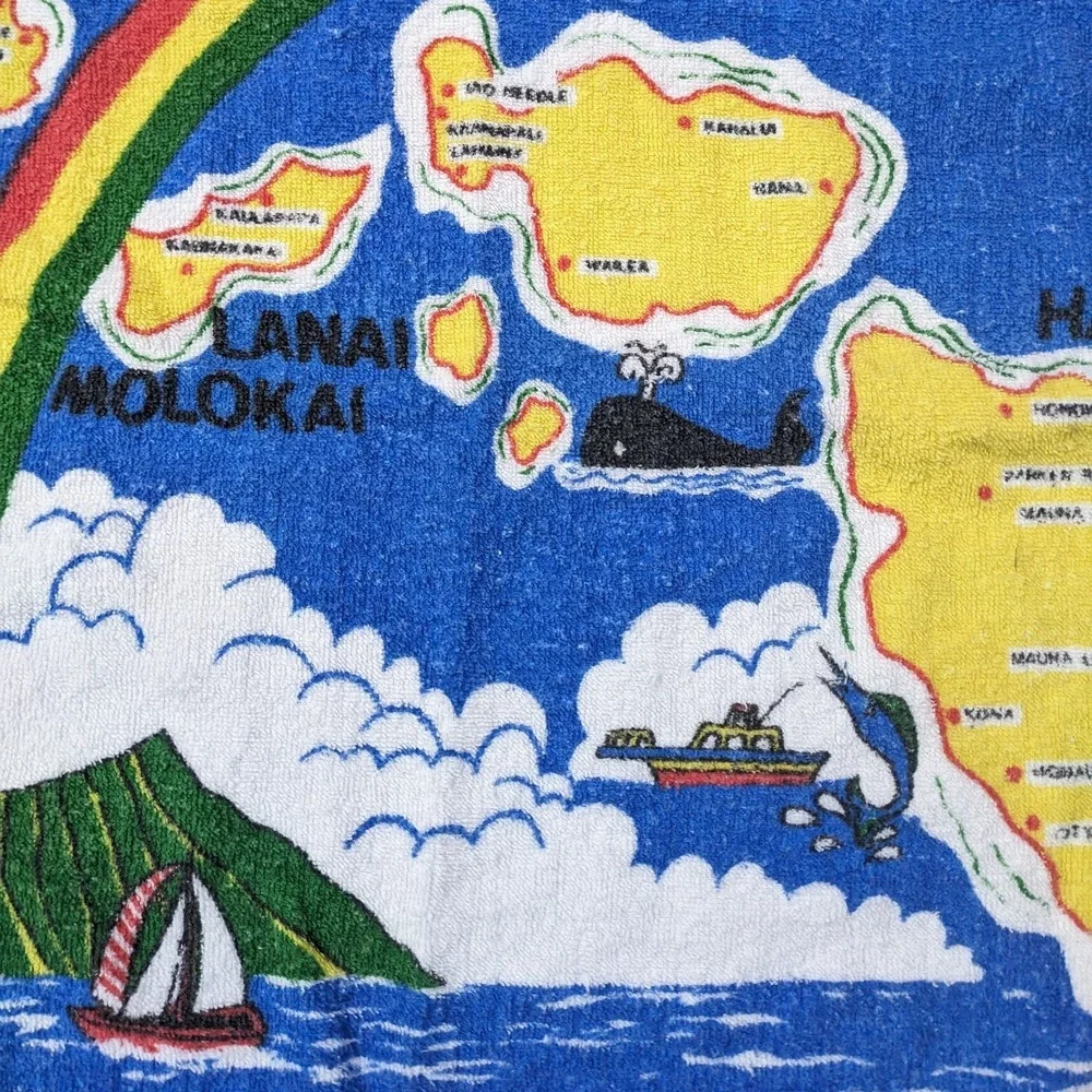 VTG Hawaii Beach Towel Tropical Island Souvenir Destination Rainbow Graphic Map